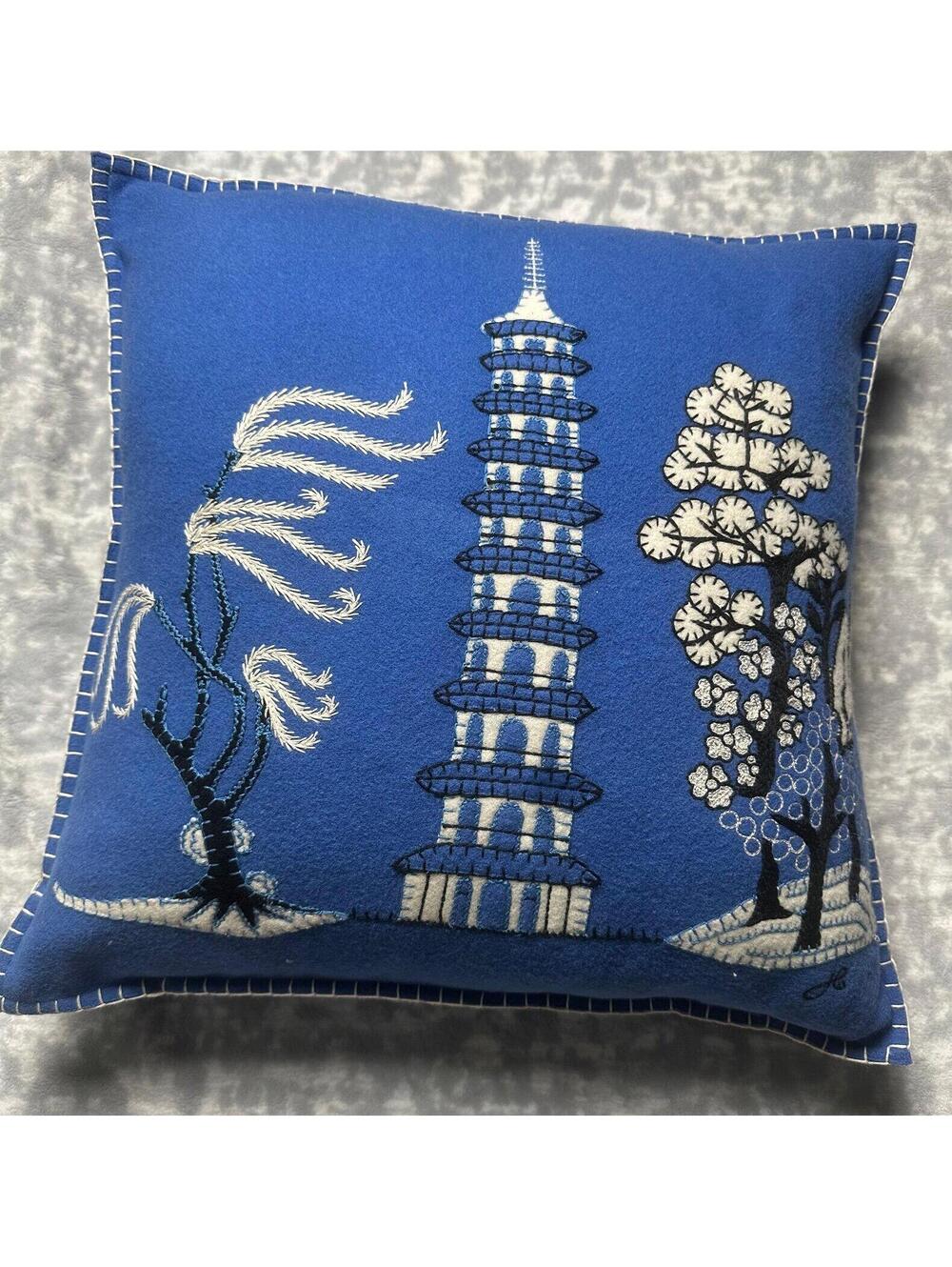 Jan Constantine Hand Embroidered Felted Wool Throw Pillow Blue Pagoda 18x18